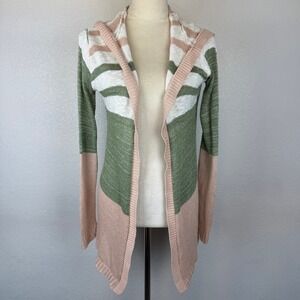Rue 21 Y2K Women's Hooded Cardigan Sweater Green Pink‎ Stripe Open Long Sleeve